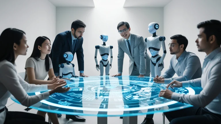 Room of executives working alongside bots