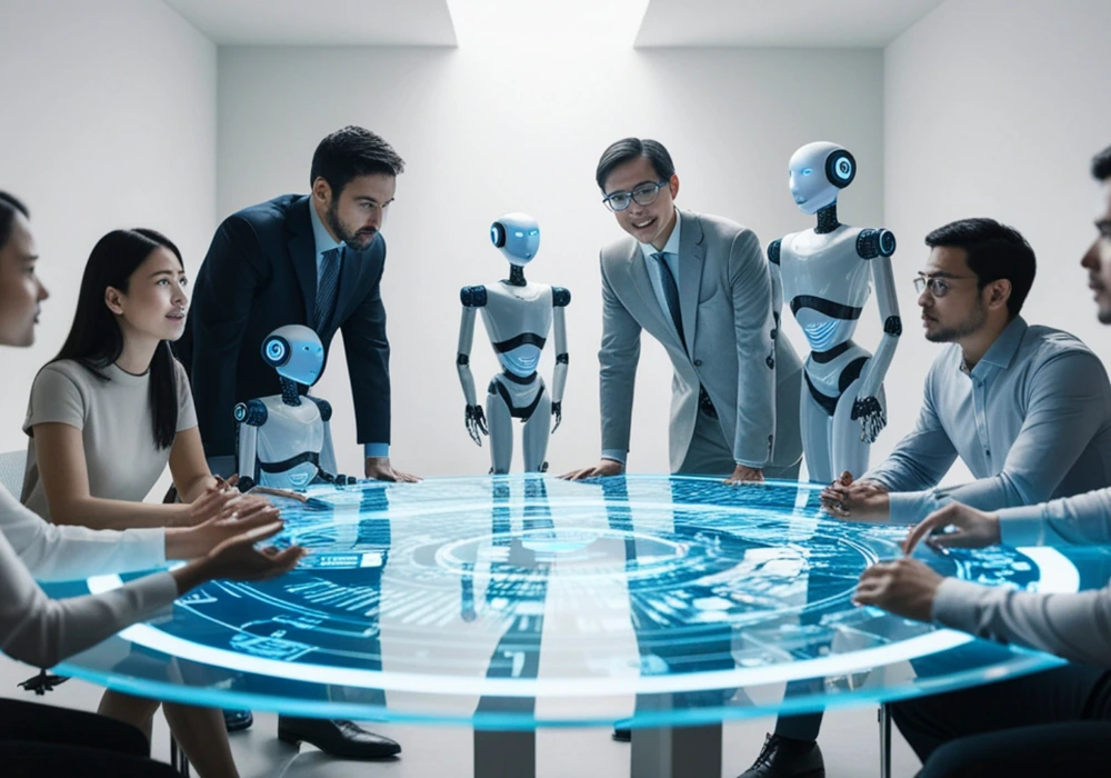 Bots consult around a boardroom table with managers