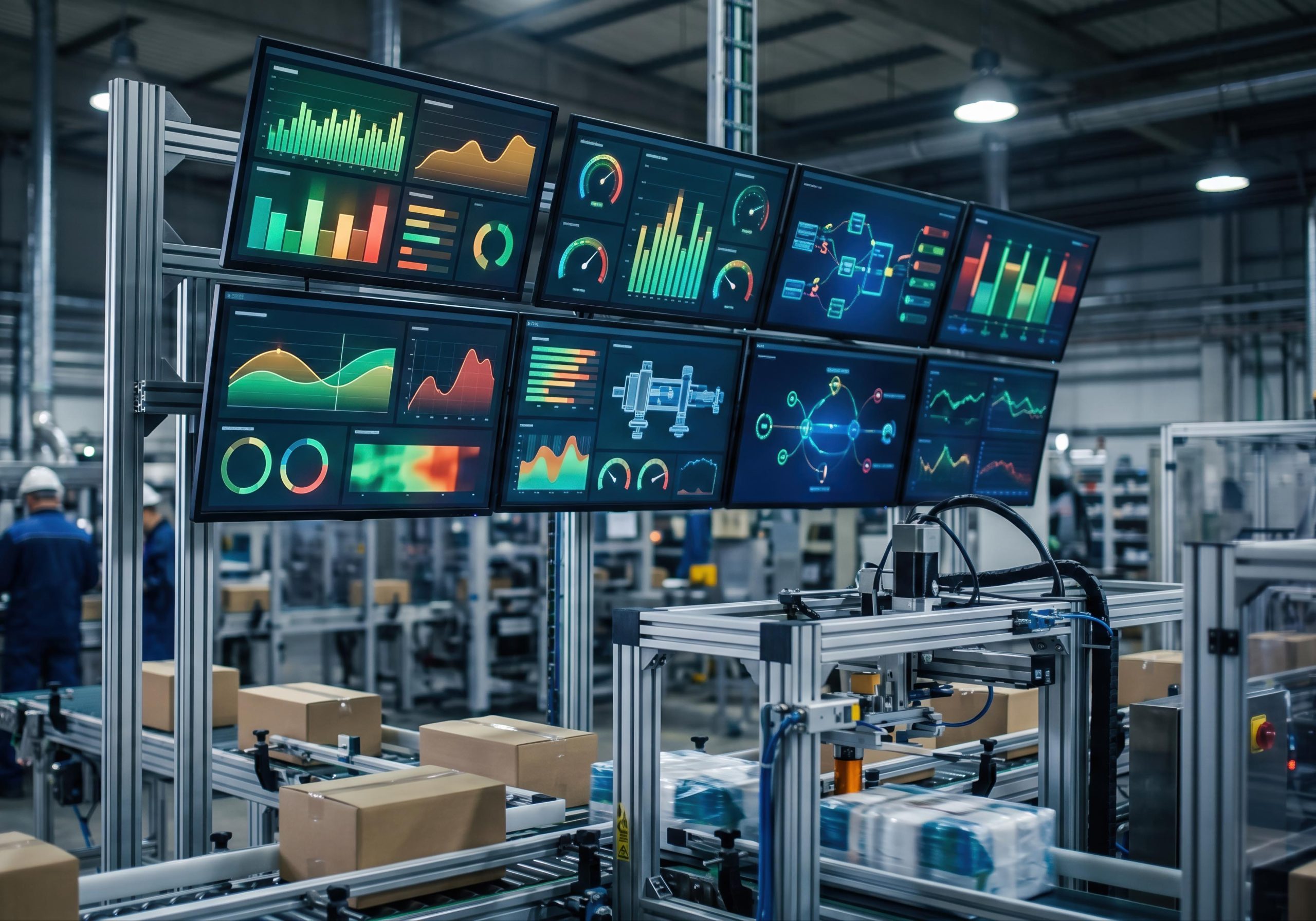 Medium shot of packaging line production dashboards displaying realtime operational status and throughput efficiency via IoTenabled sensors.