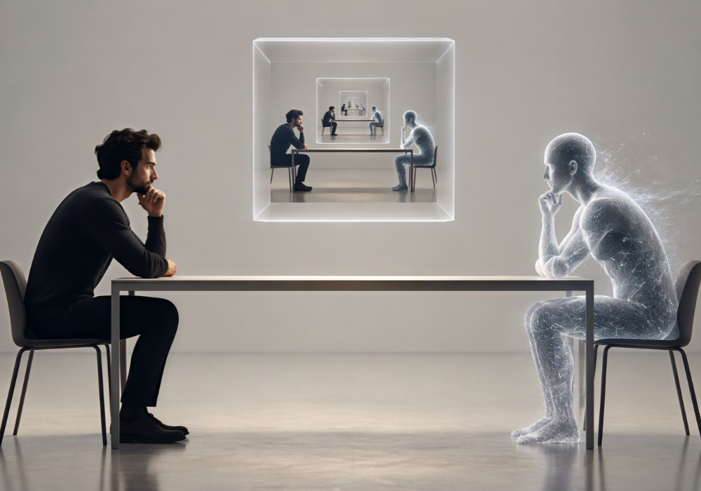 Who owns your enterprise bot? A human and a bot sitting at a table looking at each other.