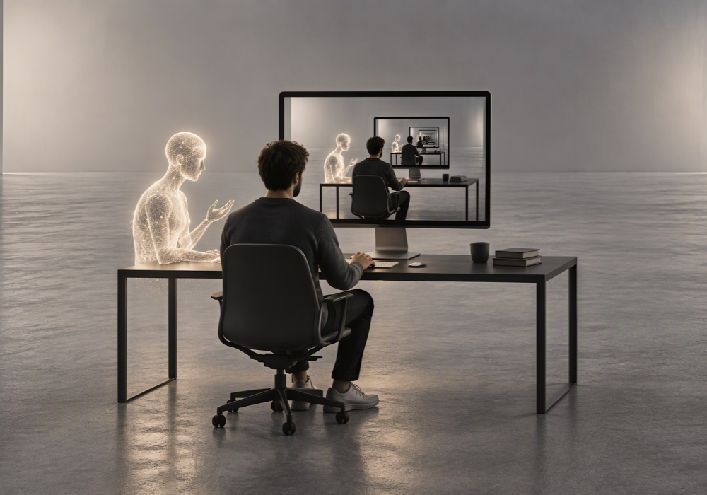 A office working working on his computer wiht a mirror image of himself and a bot