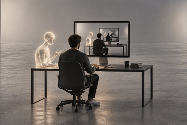 A office working working on his computer wiht a mirror image of himself and a bot