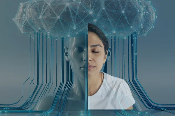 A human face merging with an AI model to illustrate human and machine intelligence working together.